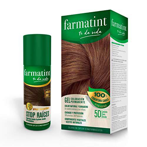 Farmatint Tinte permanente 5D Castaño Claro Dorado 135 ml + Spray Instantáneo Capilar Stop Raíces