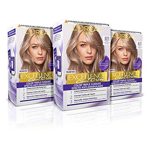 L'ORÉAL PARIS Pack 3x Excellence Cool Creme Tinte Permanente Triple Cuidado Efecto Anti-Anaranjado Tono 8.11 Rubio Claro Ceniza Intenso