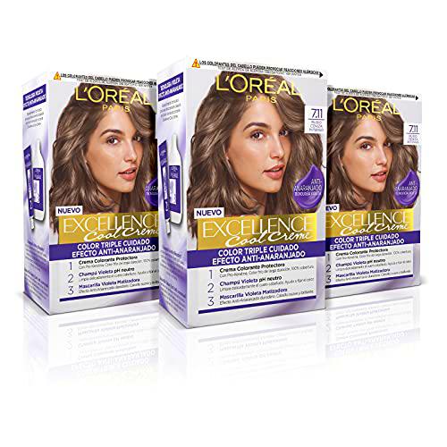 L'ORÉAL PARIS Pack 3x Excellence Cool Creme Tinte Permanente Triple Cuidado Efecto Anti-Anaranjado Tono 7.11 Rubio Ceniza Intenso