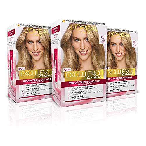 L'ORÉAL PARIS Pack 3x Excellence Creme Tinte Permanente  Triple Cuidado 100% Cobertura Canas Tono 8.1 Rubio Ceniza