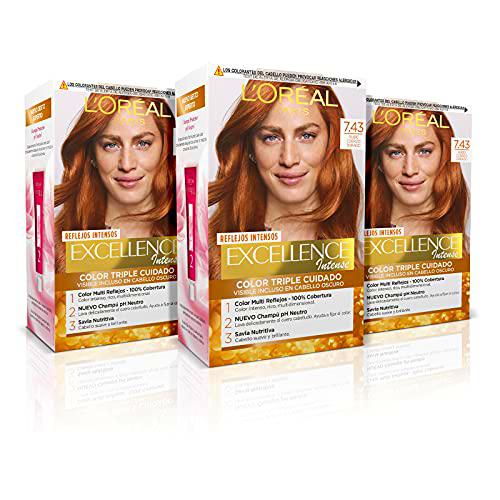 L'ORÉAL PARIS Pack 3x Excellence Intense Tinte Permanente Triple Cuidado 100% Cobertura Canas Tono 7.43 Rubio Cobrizo