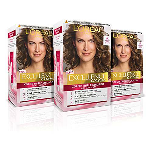 L'ORÉAL PARIS Pack 3x Excellence Creme Tinte Permanente  Triple Cuidado 100% Cobertura Canas Tono 6 Rubio Oscuro