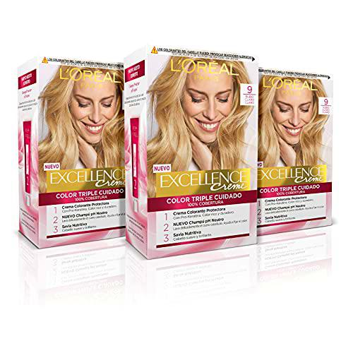 L'ORÉAL PARIS Pack 3x Excellence Creme Tinte Permanente  Triple Cuidado 100% Cobertura Canas Tono 9 Rubio Muy Claro