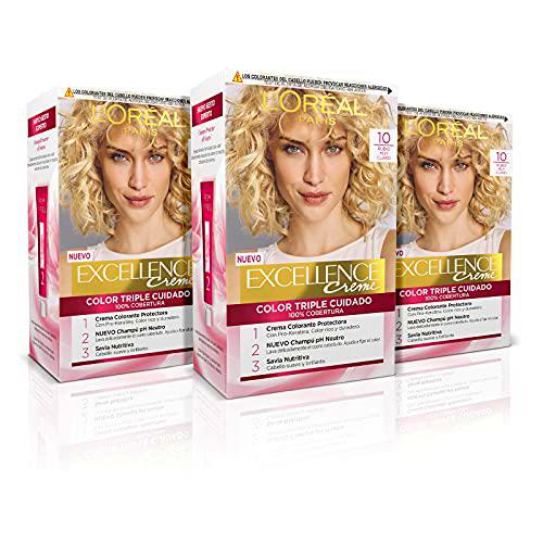 L'ORÉAL PARIS Pack 3x Excellence Creme Tinte Permanente  Triple Cuidado 100% Cobertura Canas Tono 10 Rubio Clarísimo