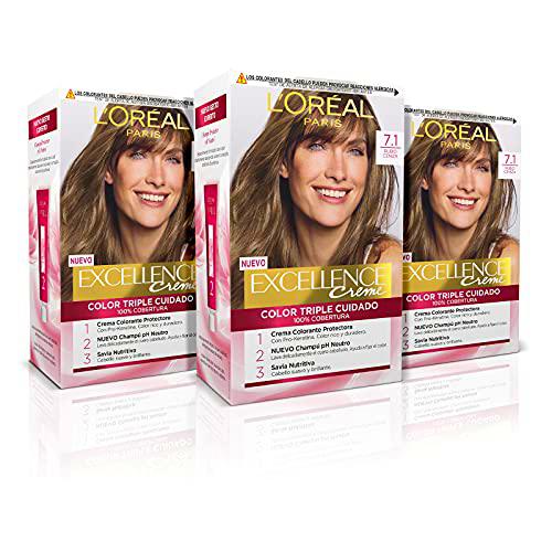 L'ORÉAL PARIS Pack 3x Excellence Creme Tinte Permanente  Triple Cuidado 100% Cobertura Canas Tono 7.1 Rubio Ceniza