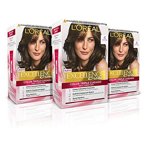 L'ORÉAL PARIS Pack 3x Excellence Creme Tinte Permanente  Triple Cuidado 100% Cobertura Canas Tono 4 Castaño