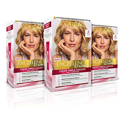 L'ORÉAL PARIS Pack 3x Excellence Creme Tinte Permanente  Triple Cuidado 100% Cobertura Canas Tono 8 Rubio Claro