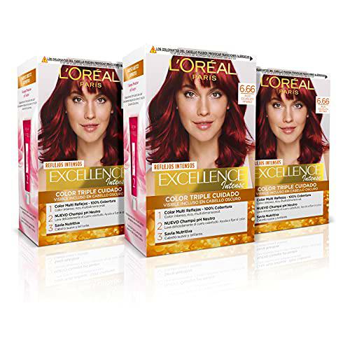 L'ORÉAL PARIS Pack 3x Excellence Intense Tinte Permanente Triple Cuidado 100% Cobertura Canas Tono 6.66 Rojo Escarlata Intenso