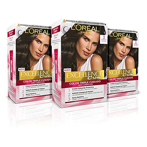 L'ORÉAL PARIS Pack 3x Excellence Creme Tinte Permanente  Triple Cuidado 100% Cobertura Canas Tono 3 Castaño Oscuro