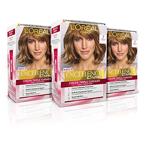 L'ORÉAL PARIS Pack 3x Excellence Creme Tinte Permanente  Triple Cuidado 100% Cobertura Canas Tono 7 Rubio