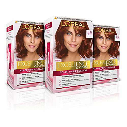 L'ORÉAL PARIS Pack 3x Excellence Creme Tinte Permanente  Triple Cuidado 100% Cobertura Canas Tono 5.6 Caoba